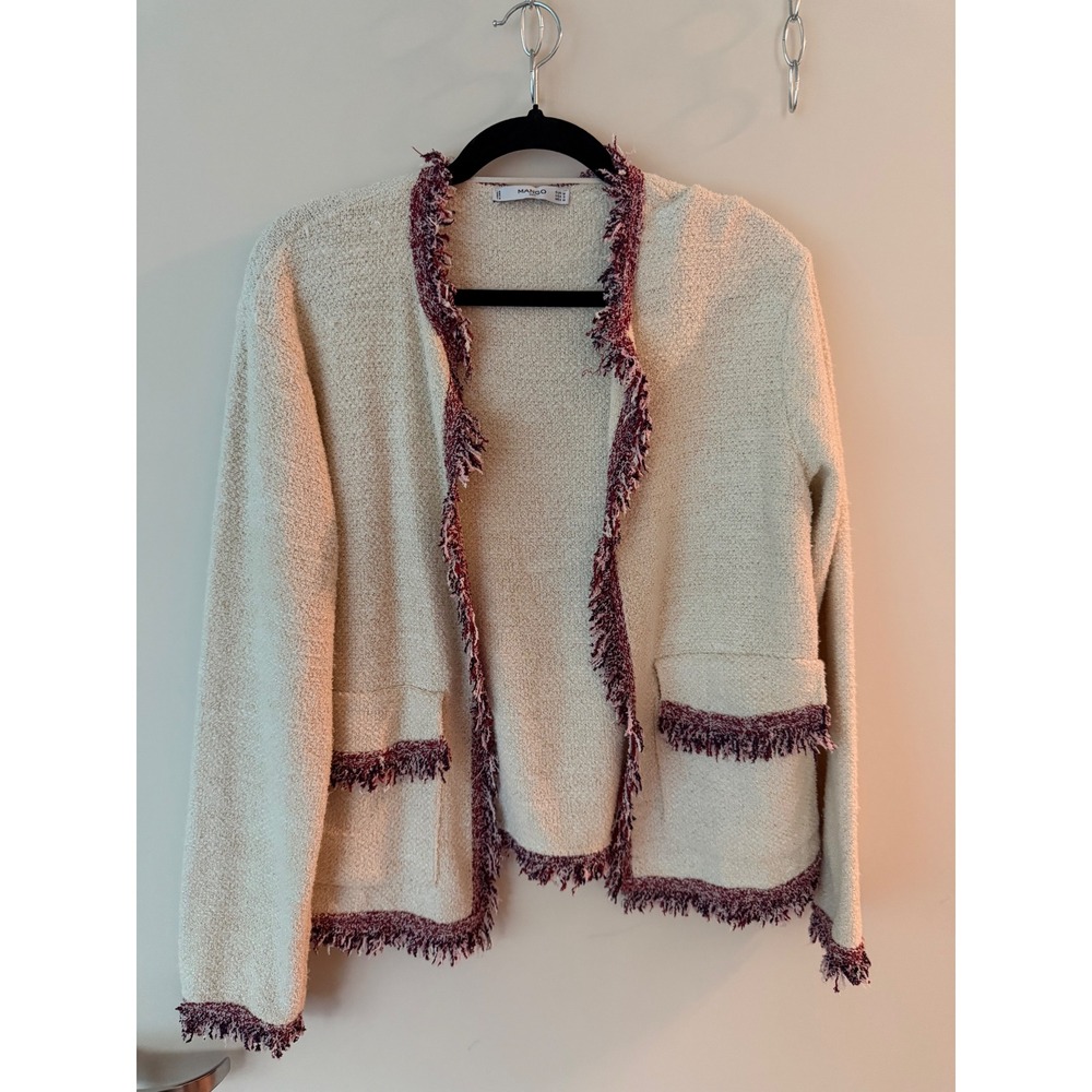 Mango Suit Women Small Cream Boucle Open Front Jacket Burgundy Fringe Trim
